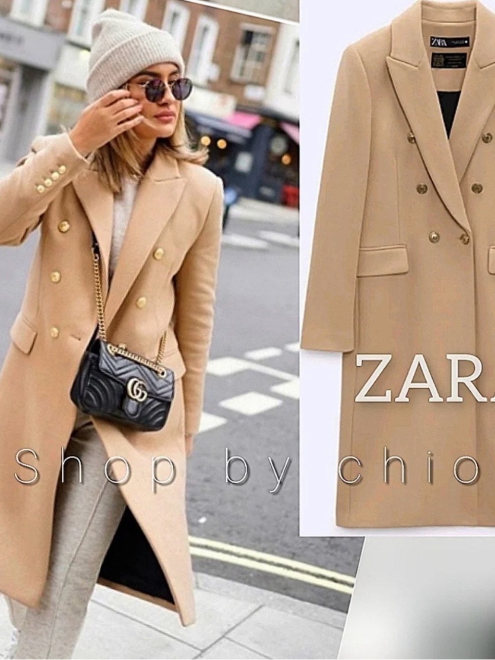 Zara Camel Pea Coat with White Turtleneck